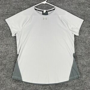 Under Armour Shirt Run Womens Size Large Gray Short Sleeve Heat Gear Fitted
